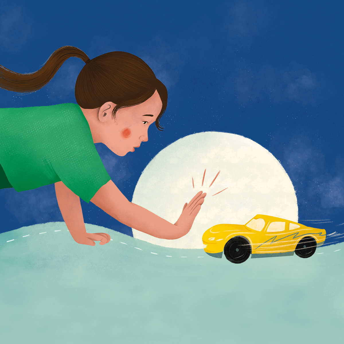 illustratie van meisje die speelgoedauto tegenhoudt