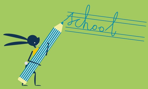 illustratie van konijn dat met groot potlood woord school schrijft