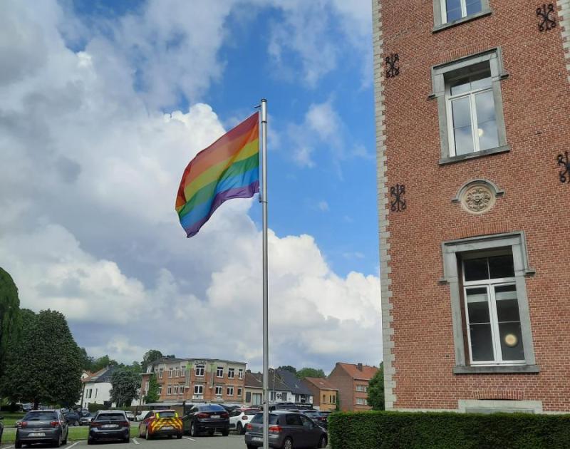 Regenboogvlag aan kasteel