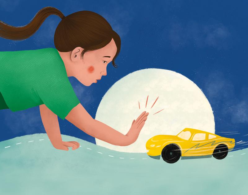 illustratie van meisje die speelgoedauto tegenhoudt