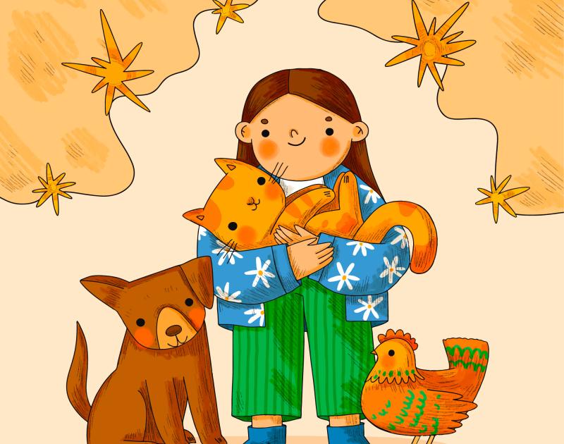 illustratie van kind met kat, hond en kip