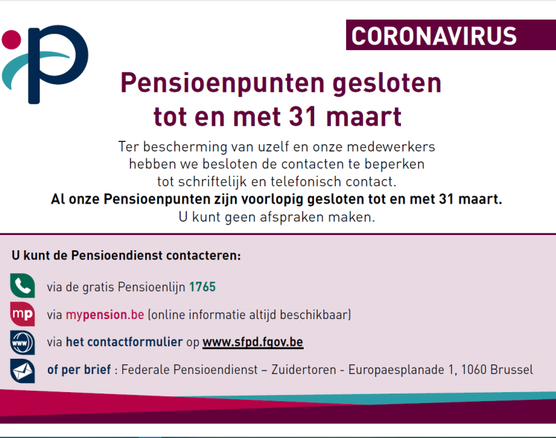 Geen zitdag Federale pensioendienst en RSVZ door corona