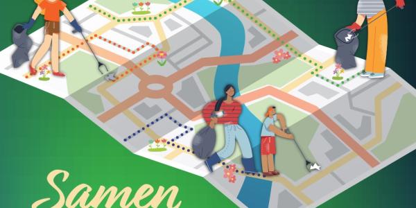 illustratie van personen die zwerfvuil ruimen op een landkaart